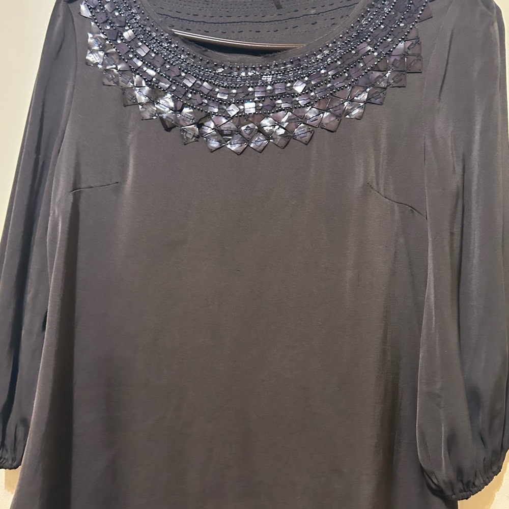Elie Tahari Brown Embellished Neckline Silk Tunic Sz XS  3/4 Sleeve Stretch